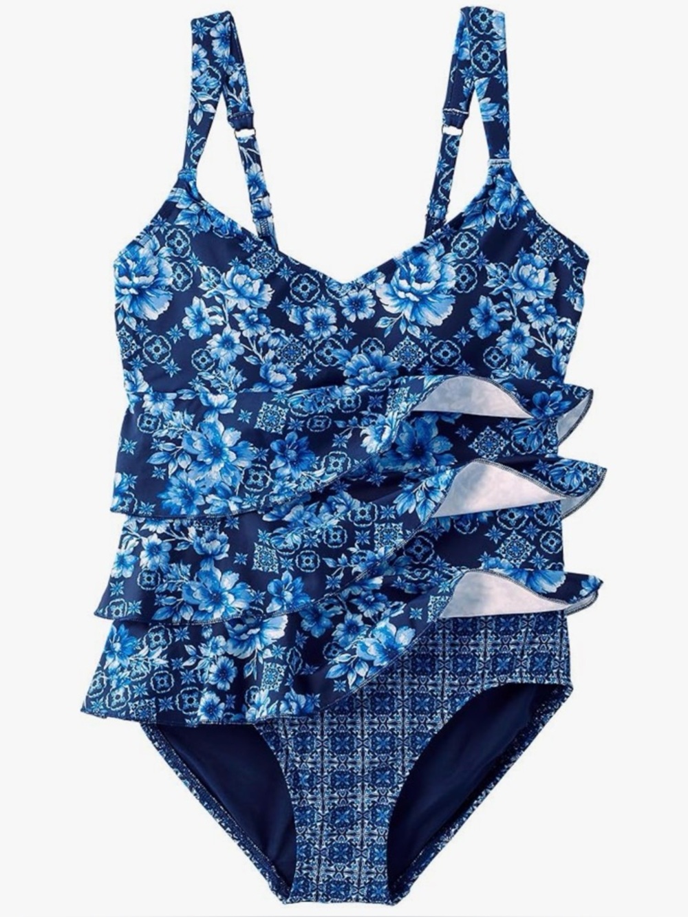 NWT Lands End Smoothing Control Ruffle Fauxkini 1 Piece Swimsuit Navy Floral 8L - Picture 6 of 15